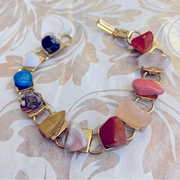 Natural Stones on Gold Tone Bracelet 7” - Picture 1 of 4
